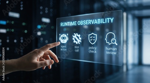 AI-native business - Close-up of a hand interacting with a runtime observability panel, displaying live AI operations and actions for enhanced visibility and monitoring.