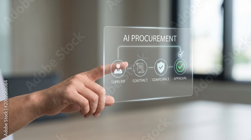 AI-native business - Close-up of a human hand choosing a verified supplier on an AI-powered procurement interface, illustrating digital B2B buying in business.