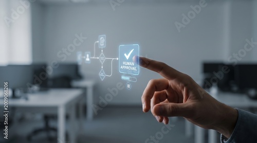AI-native business - A human hand interacts with a floating approval checkpoint in an AI workflow, highlighting human oversight in artificial intelligence processes.