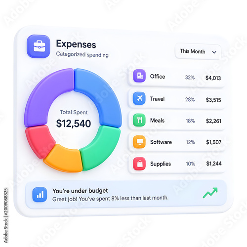 Colorful Financial Dashboard With Pie Chart And Expense Breakdown Displaying Total Spend And Budget Overview With Clean Modern Interface And Transparent Background