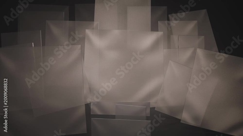 Cinematic 4K video clip of multiple white translucent sheets floating in the air with soft lighting