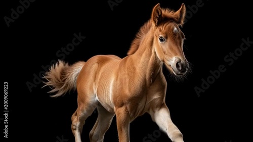 A beautiful portrait of a black Arabian stallion with a flowing mane, featuring a majestic equine face and dark eye isolated on a clean white background