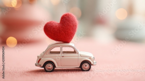 Tiny toy car with a red heart perched on its roof against a soft pink background