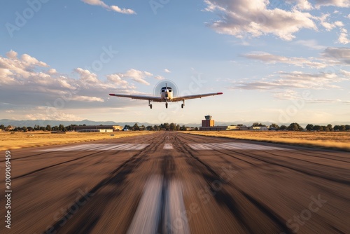 Tiny aircraft in liftoff moment at an open airport with distant control tower