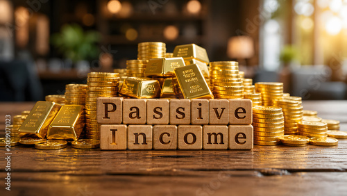 Passive Income concept: Wooden blocks with gold coins and gold bars on a rustic table.