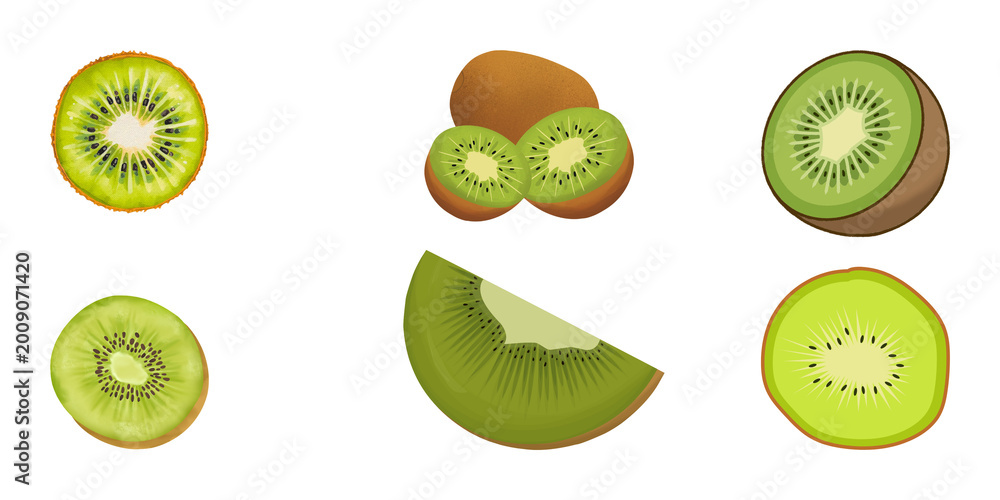 Fototapeta premium Collection of Fresh Kiwifruit Illustrations, Whole, Halved, and Sliced Pieces on Black Background