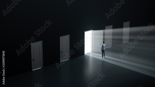 Man standing facing five doors with one glowing open representing the right business choice and strategic success, 3d render