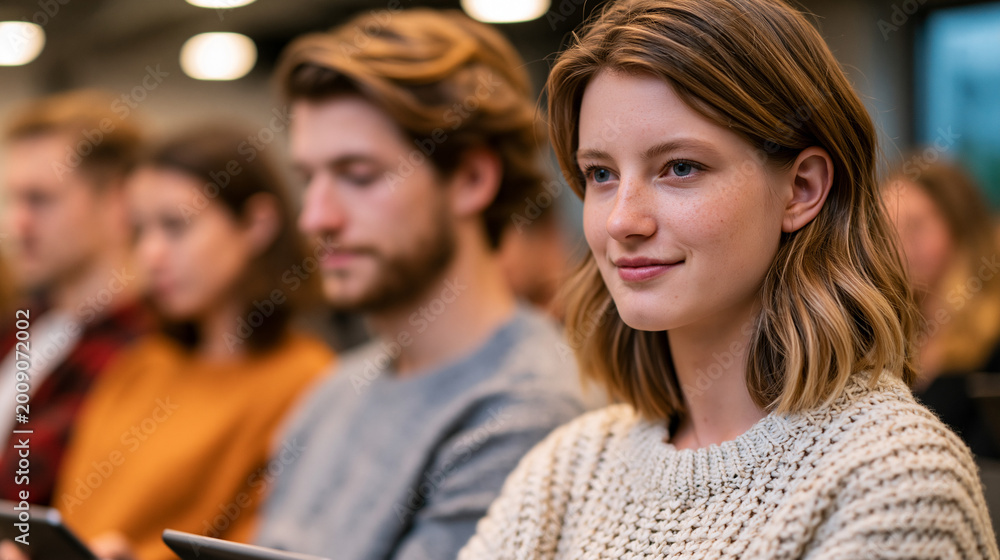 Fototapeta premium Beta app feedback session, five users seated in a bright testing lab reacting to interface mockups on tablets, researcher observing quietly from the corner, perfect for UX research, user testing, an
