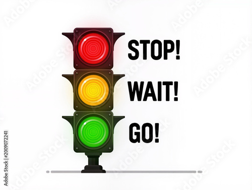 Illustrated traffic light showing stop wait and go signals with clear colorful labels beside.