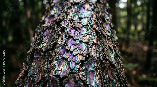 
Nature’s hidden oil slick: where ancient bark wears a coat of iridescent dragon scales.