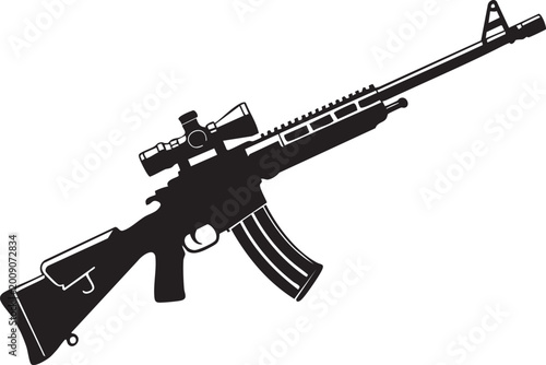 Assault rifle vector illustration of automatic military weapon isolated on white background with gun, army and war theme