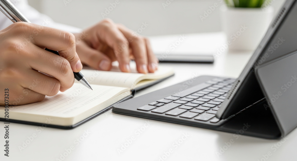 Fototapeta premium Person writing notes in a notebook with a pen while using a tablet and keyboard on a white desk with a plant in the background