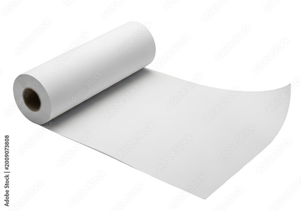 Fototapeta premium A single roll of white paper lying flat on a smooth flat surface isolated on transparent background