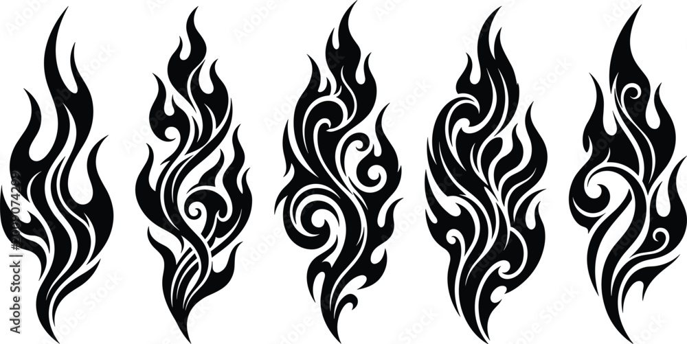 Fototapeta premium Tribal Flame Vector Icons with Swirling Abstract Fire Patterns for Tattoo and Decorative Graphic Design