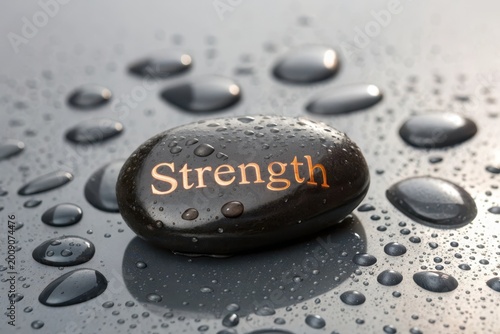 Stone engraved with the word Strength covered in water droplets