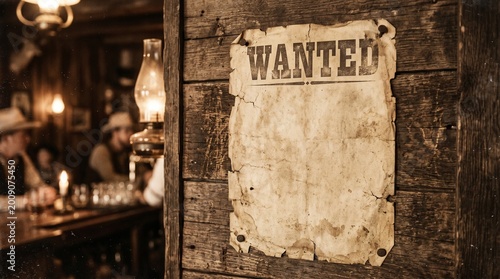 Fotografía Old vintage western wanted poster on a rustic wooden wall in a saloon
