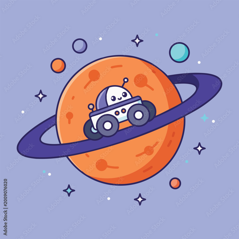 Naklejka premium Cute space rover on a planet ring vector illustration in cartoon style