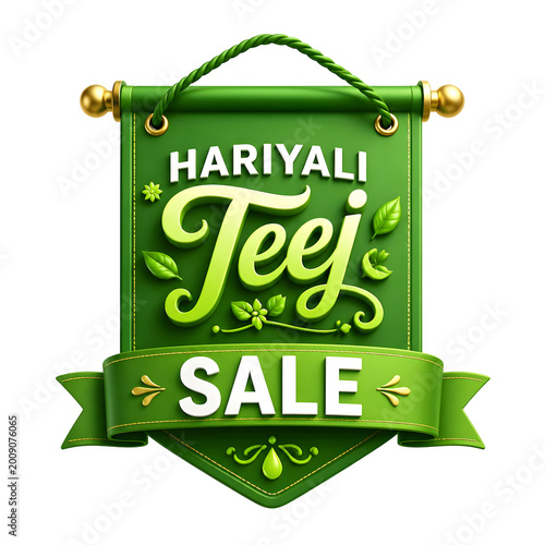 Festive Green Hariyali Teej Sale Banner with Elegant Typography and Leafy Accents on Transparent Background