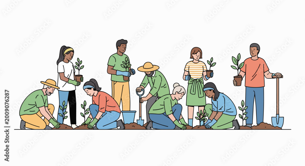 Fototapeta premium Diverse group of people planting trees and holding gardening tools in a line, with a minimalist white background and a focus on environmental conservation.