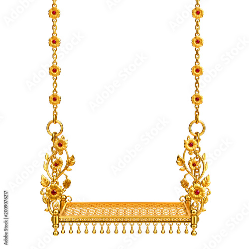 Intricate Golden Jhoola Swing Decorated With Red Gemstones And Floral Motifs Isolated On Transparent Background