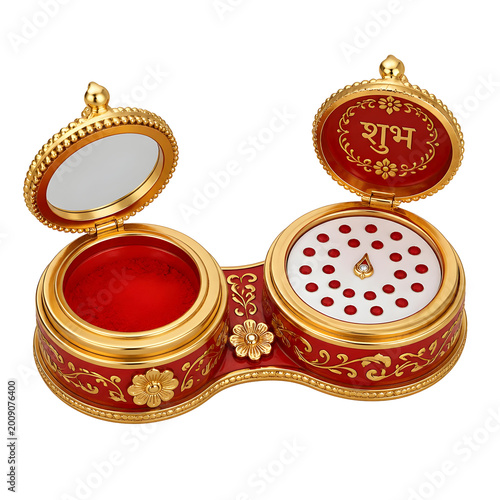 Ornate Red and Gold Decorative Box with Mirror and Symbols for Hariyali Teej Celebration