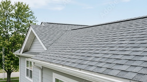 High-Angle View of a Pristine Gray Shingle Roof on a Classic Suburban Residential Home