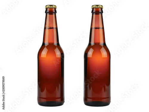 Two dark brown glass bottles with red liquid and white labels standing side by side