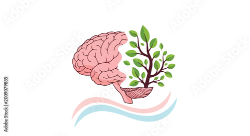 Картината върху платно This artistic vector depicts a human brain merging with a flourishing green tree, representing mental growth, wellness, and neuroplasticity