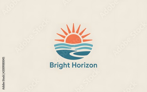 A cheerful graphic logo featuring a rising sun over stylized blue waves on a light background