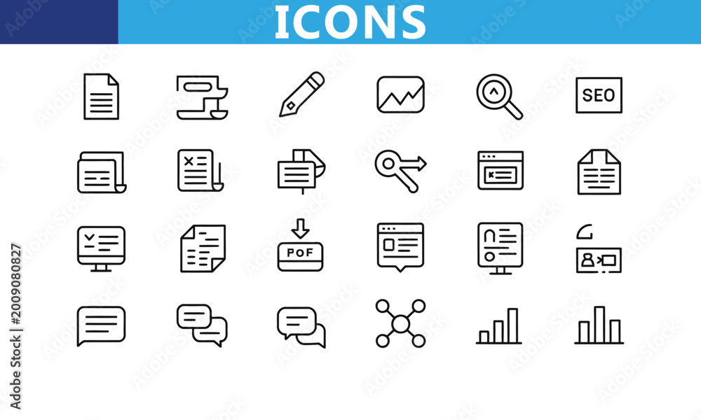 Naklejka premium Modern flat line icons collection for business technology and communication needs