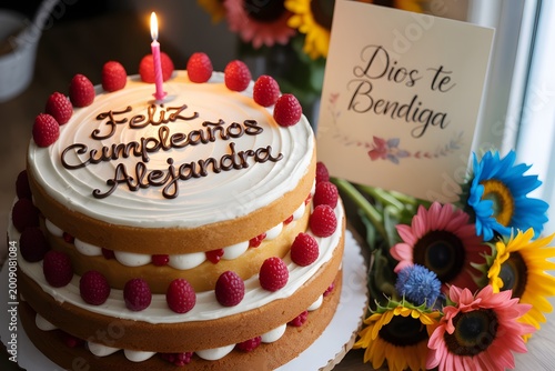 A charming naked birthday cake adorned with fresh raspberries and a lit candle beside vibrant flowers