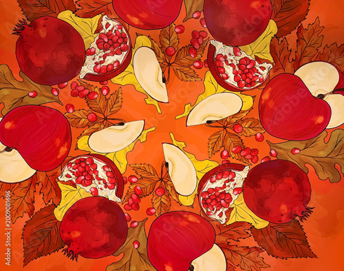 Graphic background of random abstract plant vegetation illustration in forms of mushroom, fruits, and leaves. In red, yellow, and gold color. For poster art. Seamless background texture