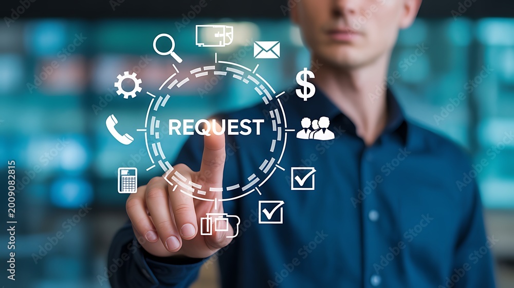 Obraz premium Businessman holding request button for online application and service concept