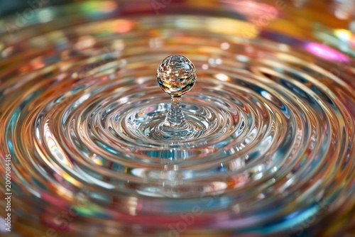 Single water droplet creating concentric ripples in still water