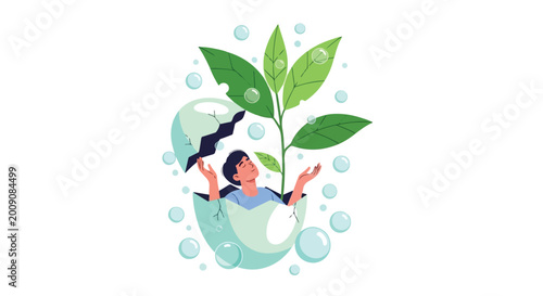 Photos A man emerges from a cracked blue eggshell alongside a growing green sprout, surrounded by floating bubbles in this flat vector illustration