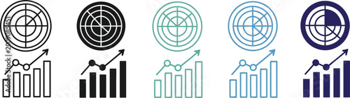 Принти на полотні Radar icons and bar chart icons with upward trending arrows in various colors de
