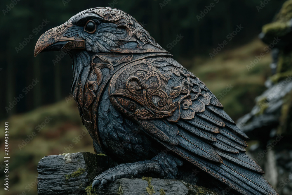 Fototapeta premium Ornate Raven Sculpture with Celtic Engraving – Mystical Forest Fantasy Artwork