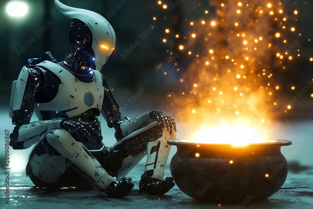 Naklejka premium Robot wizard conjures magic at twilight, near shimmering cauldron of light