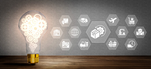 A glowing light bulb filled with gears symbolizes creativity and innovation, set against icons of logistics and supply chain, representing business efficiency and collaboration. Ledger
