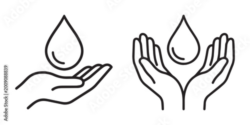 Professional vector illustration featuring outline icons of hands cradling a water droplet, symbolizing conservation, hygiene, and environmental care initiatives.
