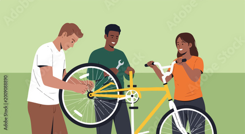 Three diverse friends working together to repair a yellow bicycle in a flat style