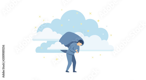 Bild auf Leinwand A vector illustration shows a person hunched over while carrying a large blue sack on their back against a background of clouds and stars