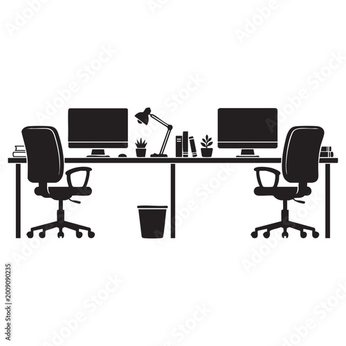 Minimalist Black Silhouette Design Featuring Two Modern Office Workstations With Chairs Computers Desk Lamp Potted Plants And Trash Bin Isolated On Plain White Background