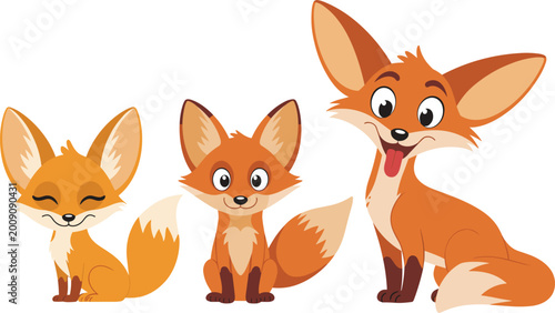 Fotografi Set of cute cartoon fox characters showing different happy expressions and sitting poses, friendly woodland fennec fox mascots isolated on a white background
