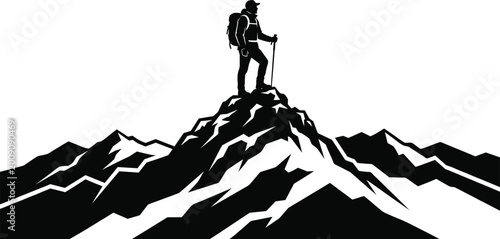 Fotografía Silhouette illustration of a lone hiker standing at the peak of a high mountain
