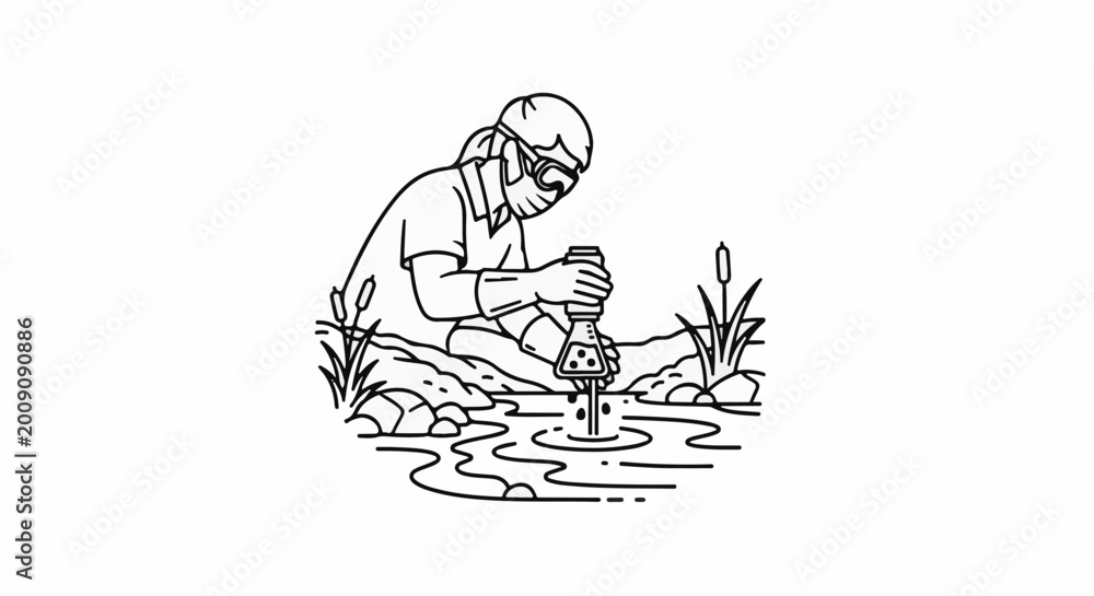 Fototapeta premium Scientist collecting water sample in nature with protective gear and equipment
