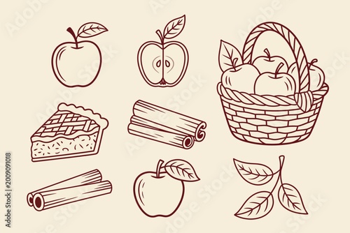 Photos Set of handdrawn apple harvest and cinnamon icons outline sketch vector illustra