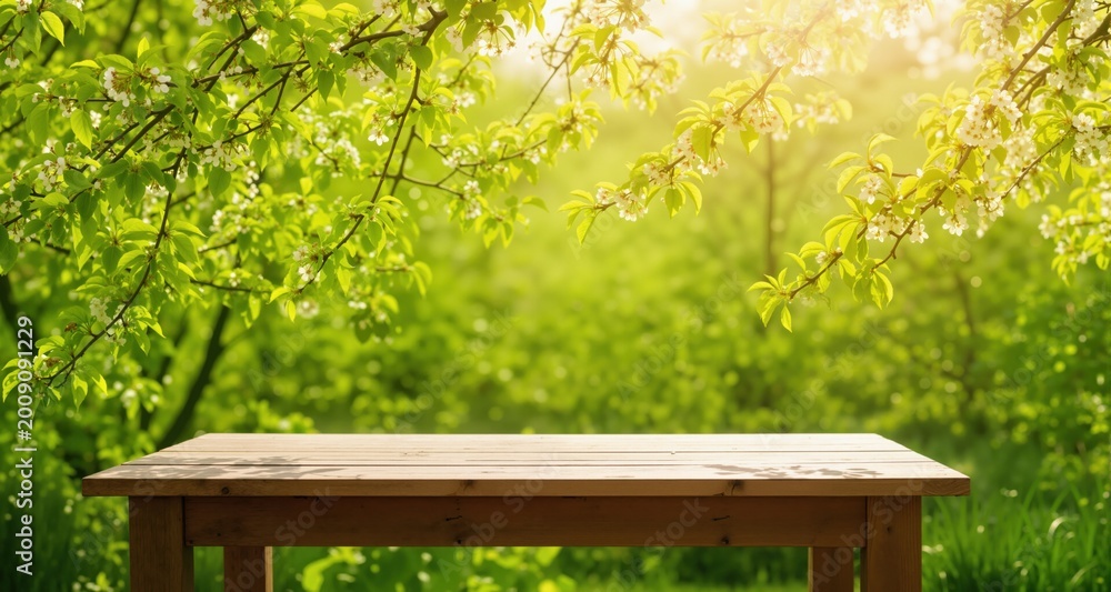 Fototapeta premium Spring beautiful background with green lush young foliage and flowering branches with an empty wooden table on nature outdoors in sunlight in garden. 