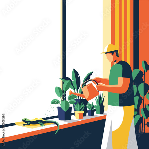 A person waters indoor plants on a windowsill with a small lizard nearby