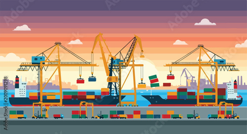 Cargo ships being loaded by harbor cranes against a colorful sunset sky background